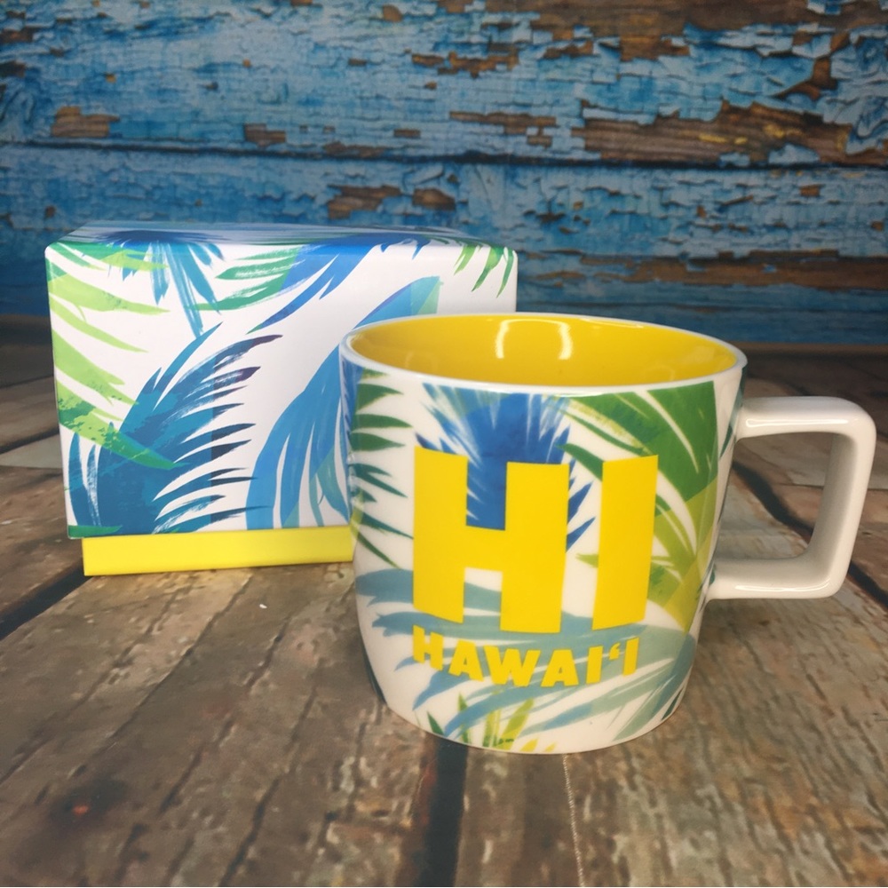 NEW Starbucks 2019 Hawaii HI Mug Palm Tree Fronds Bright Yellow Interior